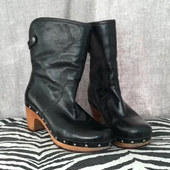 UGG boots leather wooden heels shearling fold-down‎ "Lynnea" US 6 - Picture 2 of 6